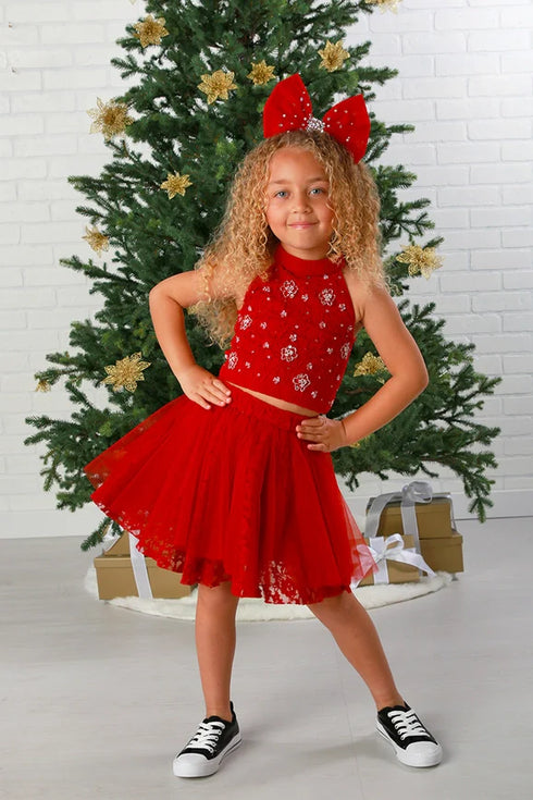 Girls Festive Red Embellished Tulle Skirt Set Kenna 2 Pcs Outfit 12M-14